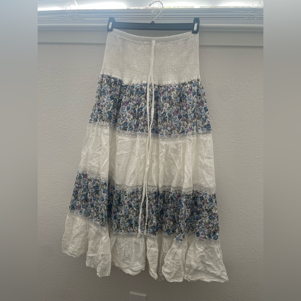 White and Blue Floral Maxi Skirt